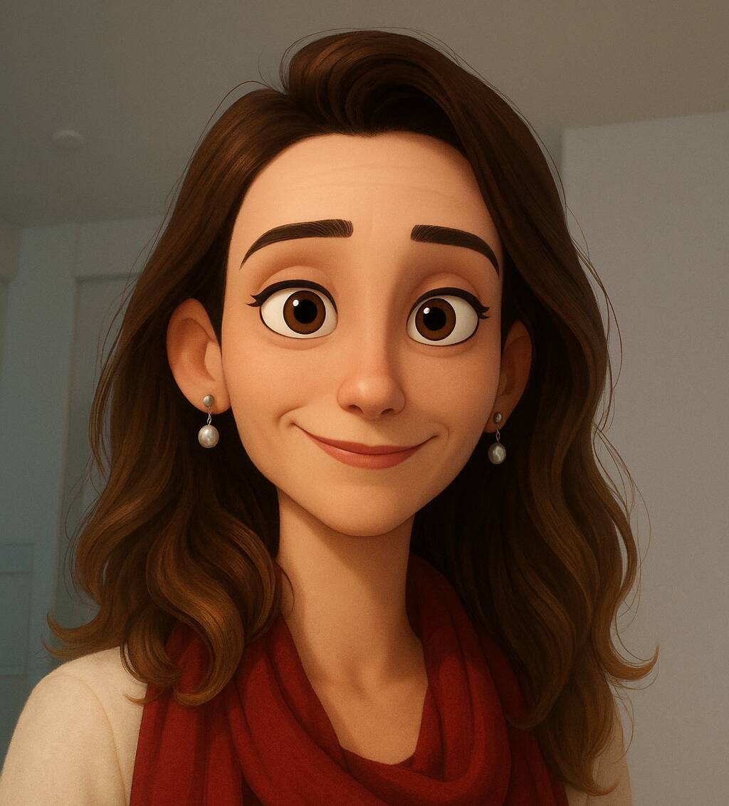 woman avatar smiling with brown hair and darkred scarf